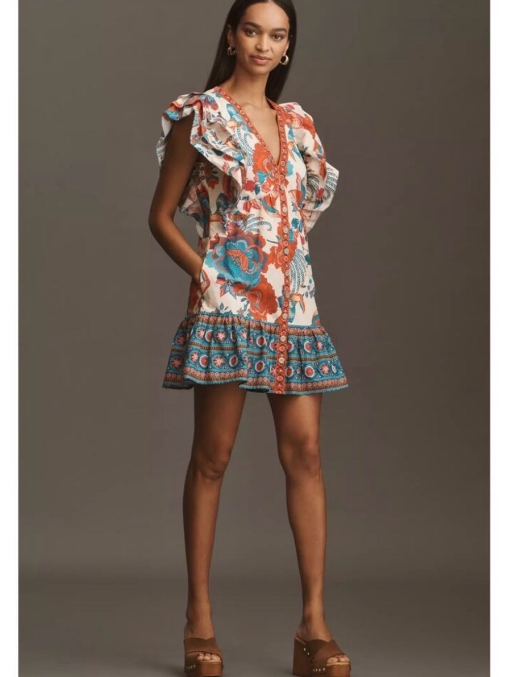 NWT FARM Rio Cream Mini Dress with Red & Teal Floral Print - Picture 3 of 6